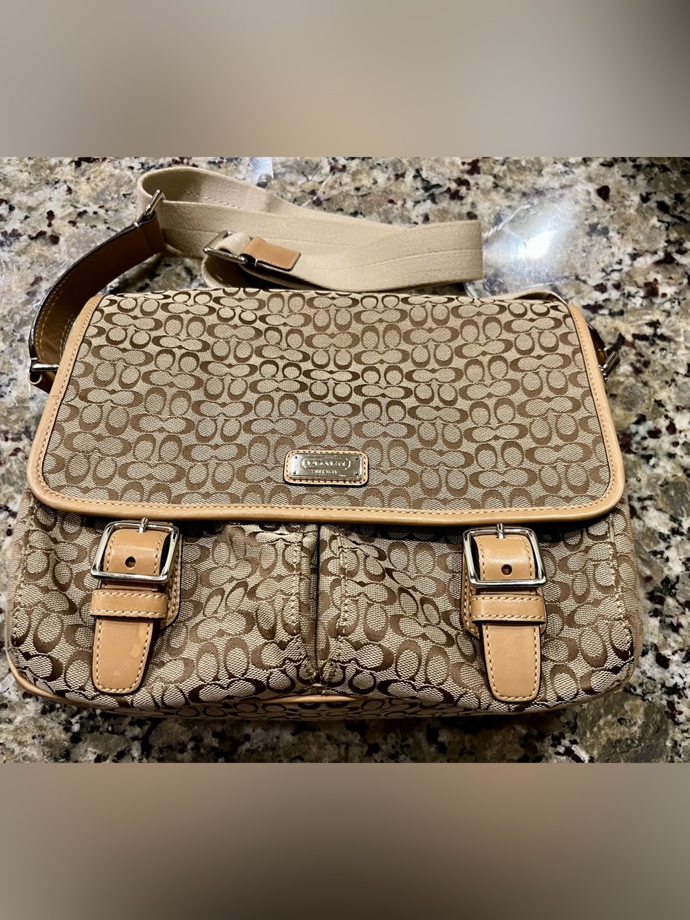 Coach Tan and Khaki Canvas Signature Messenger Bag with Adjustable Strap F70283